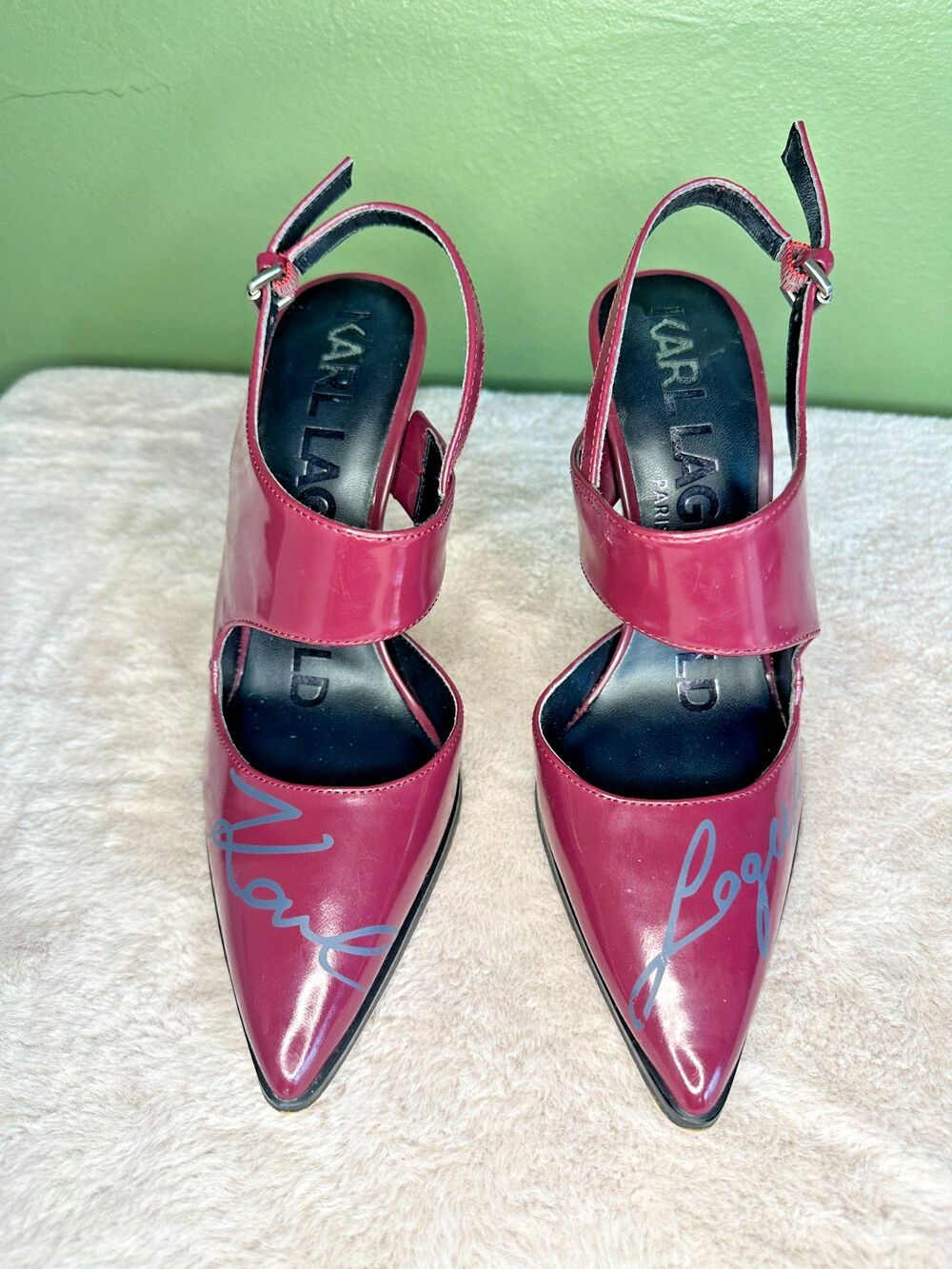 Karl Lagerfeld Oxblood Logo High Heels Sz 7 / 37.5 Streetwear Leather Slingback - Picture 3 of 7